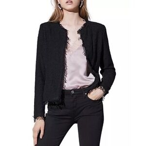 IRO Womens Cotton Fringe Trim Two Pocket Open Front Blazer Jacket Black Size 38